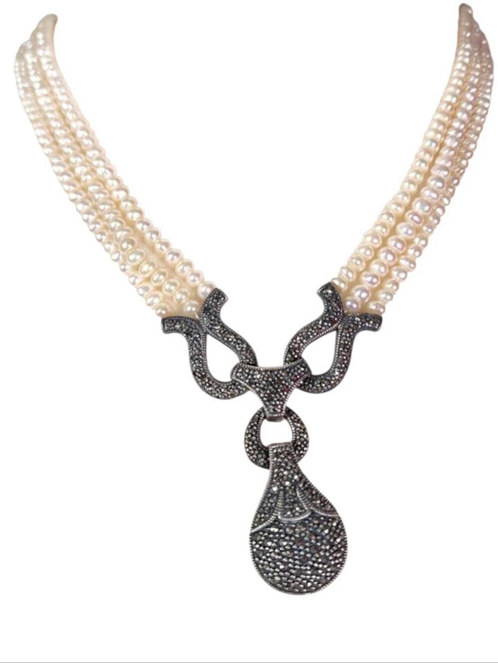 Vintage CFJ 925 Sterling Silver Multi Strand Cultured Pearl Marcasite Necklace
